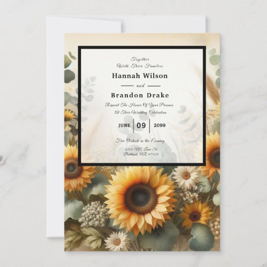 太陽の光を浴びて夏のひまわりが咲き誇る 招待状 (正面)