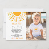 太陽の写真のまわりにサンキューカードの最初の旅行 招待状 (正面)
