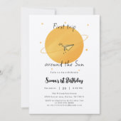 太陽の周りを一周するペーパー飛行機の誕生日 招待状 (正面)