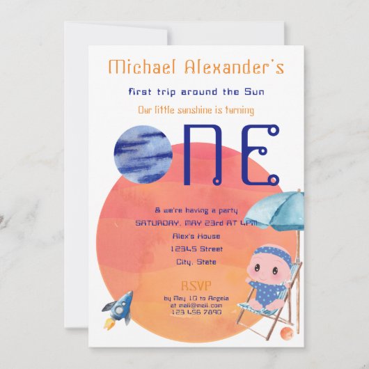 太陽の周りを初めて回ったよ 赤ちゃん男の子 1歳の誕生日写真 招待状 (正面)