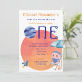 太陽の周りを初めて回ったよ 赤ちゃん男の子 1歳の誕生日写真 招待状 (スタンド正面)