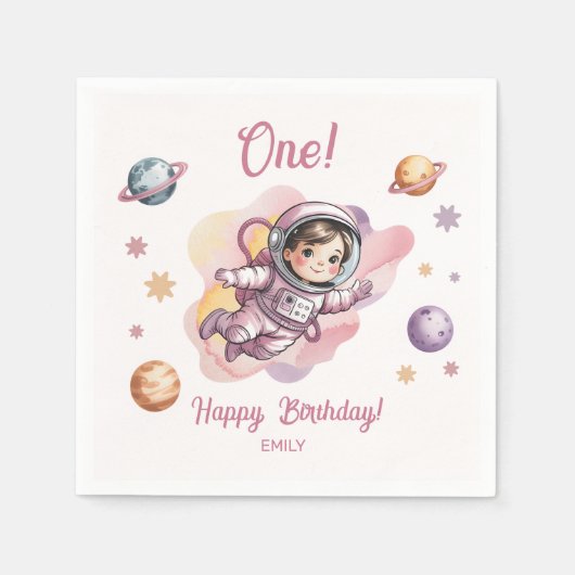 太陽の周りを初めて回る女の子のピンクの誕生日 スタンダードカクテルナプキン (正面)