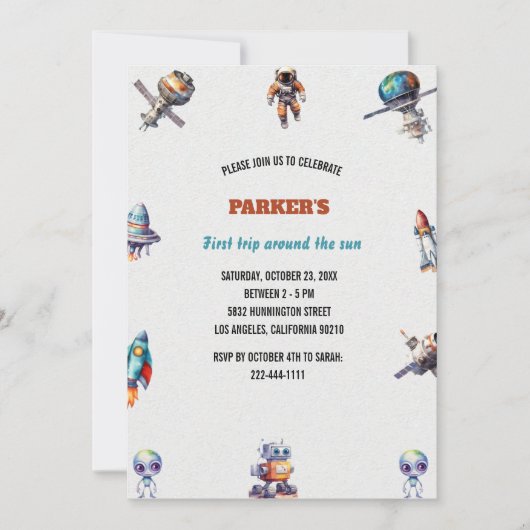 太陽の周りを初めて回る少年の誕生日 招待状 (正面)
