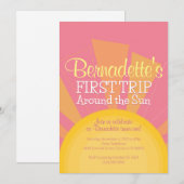 太陽の周りを初めて回る誕生日パーティー かわいいピンク 招待状 (正面/裏面)