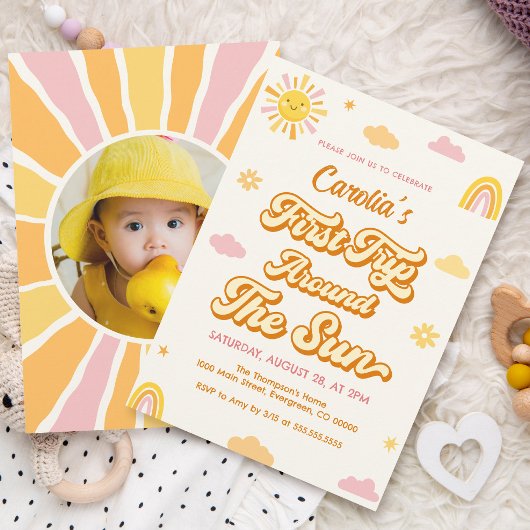 太陽の周りを初めて回る1歳の誕生日パーティーガール 招待状