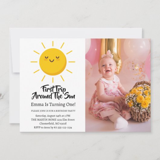 太陽の周りを初めて回る 1歳の誕生日写真 招待状 (正面)