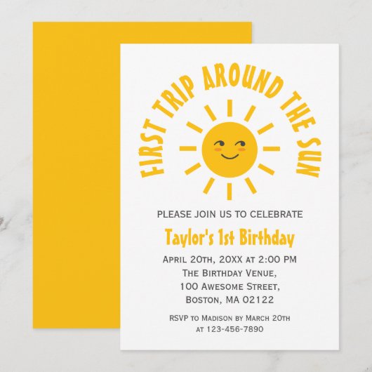 太陽の周りを初めて回る 1歳の誕生日 おめでとう 招待状 (正面/裏面)