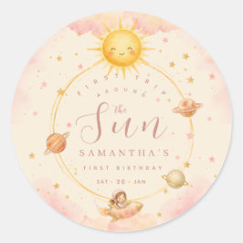 太陽の周りを1周おめでとう!1歳の誕生日おめでとう女の子 ラウンドシール