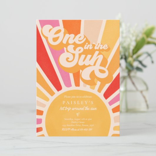 太陽の太陽の中の1日の最初の誕生日ピンクの虹 招待状 (スタンド正面)