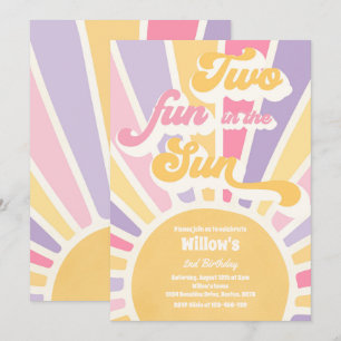 太陽の太陽の中の2つのおもしろい2nd誕生日ピンクの光線 招待状