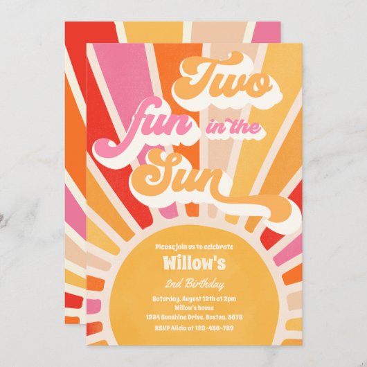 太陽の太陽の中の2つのおもしろい2nd誕生日ピンクの光線 招待状 (正面/裏面)