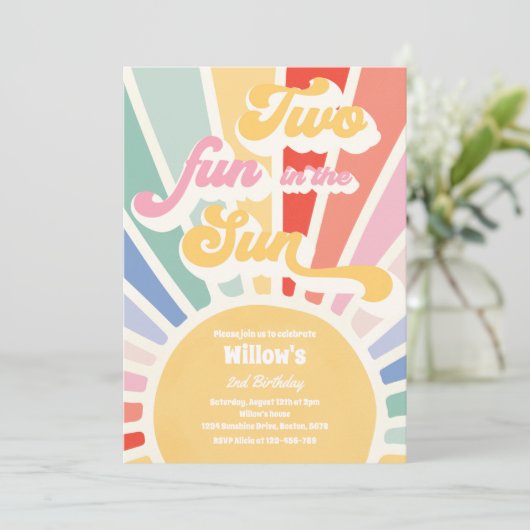 太陽の太陽の中の2つのおもしろい2nd誕生日ピンクの光線 招待状 (スタンド正面)
