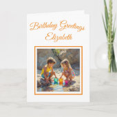 太陽の女の子とビーチの男の子のおもしろい カード (正面)