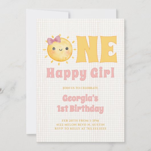 太陽の女の子 1歳の誕生日 招待状 (正面)