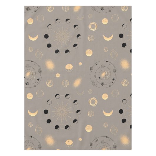 太陽の星は月の位相は惑星の黒い金ゴールドの日焼け テーブルクロス (正面)