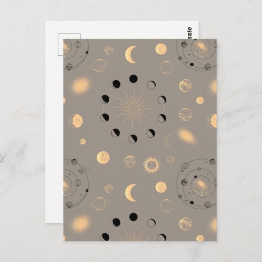 太陽の星は月の位相は惑星の黒い金ゴールドの日焼け ポストカード (正面/裏面)