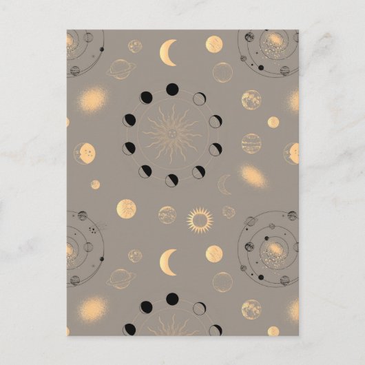 太陽の星は月の位相は惑星の黒い金ゴールドの日焼け ポストカード (正面)