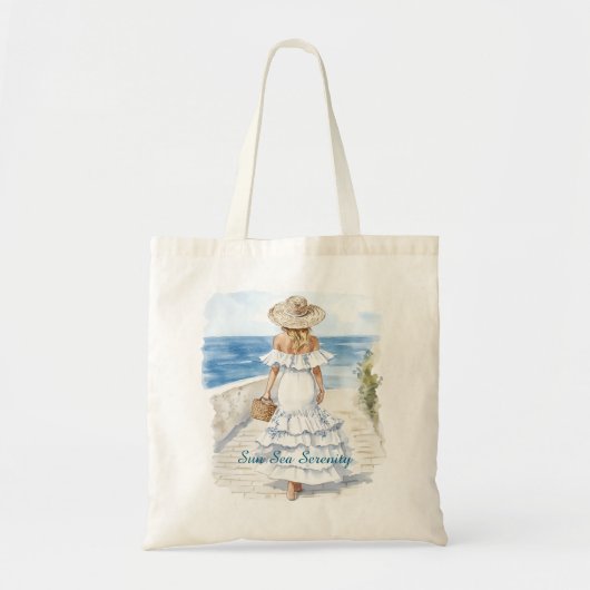 太陽の海の静けさ 海景色 ブロンド 白のドレス トートバッグ (正面)