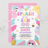 太陽の熱帯ビーチ誕生日パーティーでスプラッシュ 招待状 (正面/裏面)