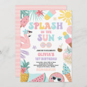 太陽の熱帯ビーチ誕生日パーティーでスプラッシュ 招待状 (正面/裏面)