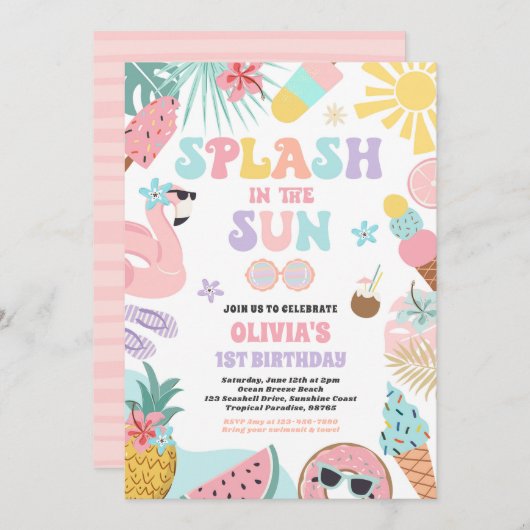 太陽の熱帯ビーチ誕生日パーティーでスプラッシュ 招待状 (正面/裏面)