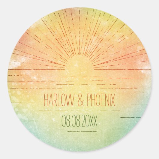 太陽の設定 |ビーチ結婚式 |封筒用シール ラウンドシール (正面)
