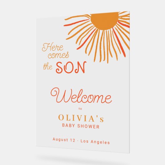 太陽の赤ちゃんシャワー来ここで息子を歓迎 アクリルサイン (傾斜)