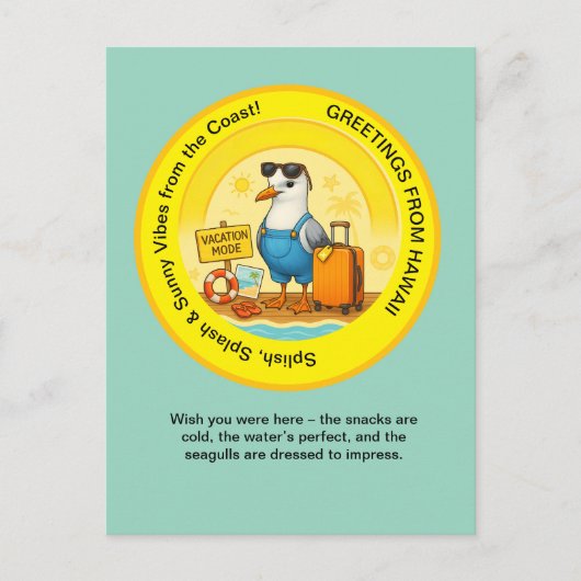 太陽の輝く楽しい目的地、陽気なサギのビーチでの挨 ポストカード (正面)