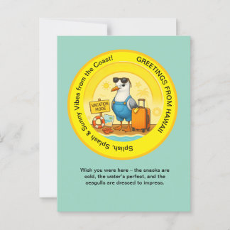 太陽の輝く楽しい目的地 -  - 鳥の鳴き声と波の音が聞こえるビーチでの挨 ポストカード