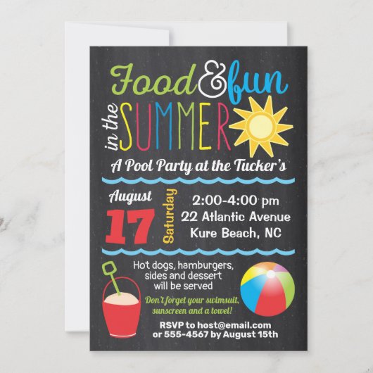 太陽の陽射しと水の戯れ 夏のプールパーティ カラーチョークボード 招待状 (正面)