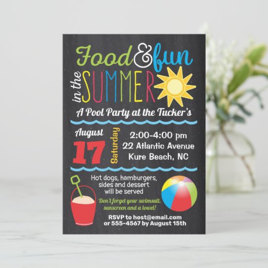 太陽の陽射しと水の戯れ 夏のプールパーティ カラーチョークボード 招待状 (スタンド正面)