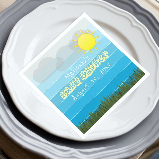 太陽の雲と草の青いの赤ストライプちゃんシャワー スタンダードカクテルナプキン