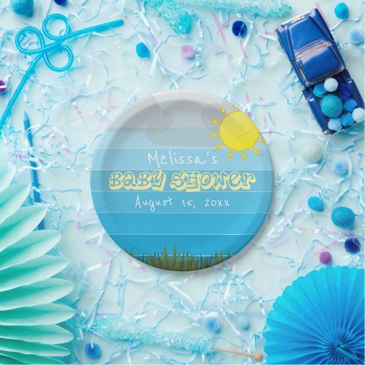 太陽の雲と草の青いの赤ストライプちゃんシャワー ペーパープレート (パーティー)