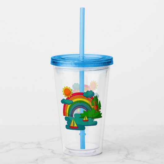 太陽の雲と虹の下のボートの旅行の風景 アクリルタンブラー (正面)