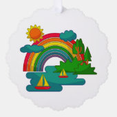 太陽の雲と虹の下のボートの旅行の風景 オーナメントカード (正面)