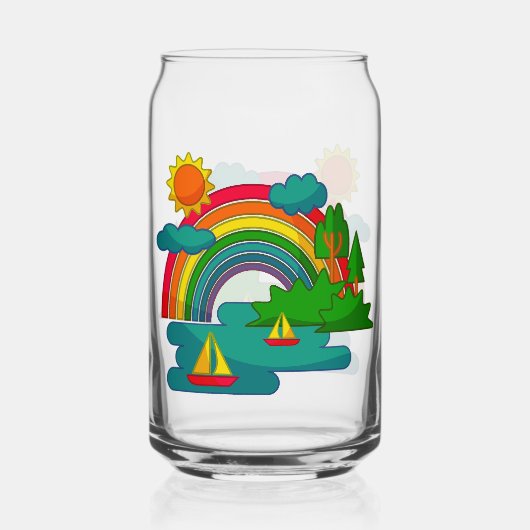 太陽の雲と虹の下のボートの旅行の風景 ガラス缶 (正面)