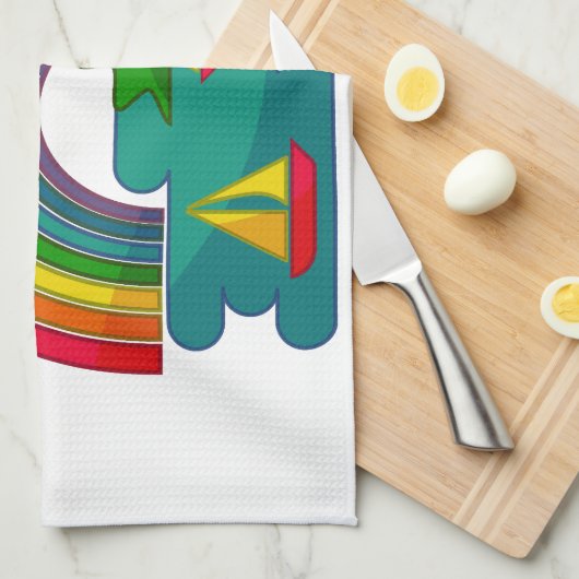 太陽の雲と虹の下のボートの旅行の風景 キッチンタオル (四つ折り)