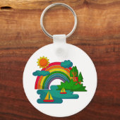 太陽の雲と虹の下のボートの旅行の風景 キーホルダー (裏面)