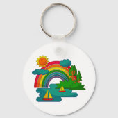 太陽の雲と虹の下のボートの旅行の風景 キーホルダー (裏面)