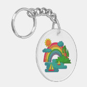 太陽の雲と虹の下のボートの旅行の風景 キーホルダー (正面左)