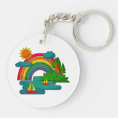 太陽の雲と虹の下のボートの旅行の風景 キーホルダー (裏面)