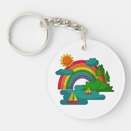 太陽の雲と虹の下のボートの旅行の風景 キーホルダー (正面)