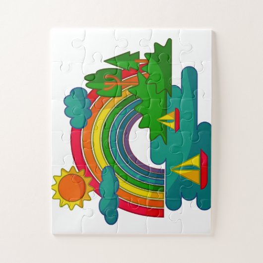 太陽の雲と虹の下のボートの旅行の風景 ジグソーパズル (縦)