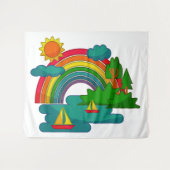 太陽の雲と虹の下のボートの旅行の風景 タペストリー (正面(横))