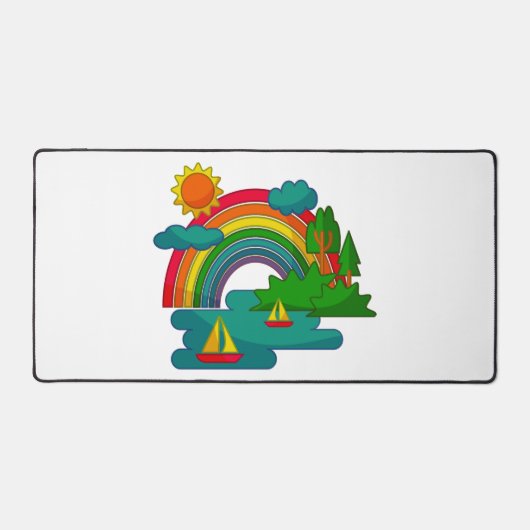 太陽の雲と虹の下のボートの旅行の風景 デスクマット (正面)