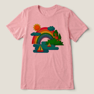 太陽の雲と虹の下のボートの旅行の風景 トライブレンドTシャツ