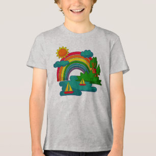 太陽の雲と虹の下のボートの旅行の風景 トライブレンドTシャツ