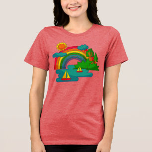 太陽の雲と虹の下のボートの旅行の風景 トライブレンドTシャツ