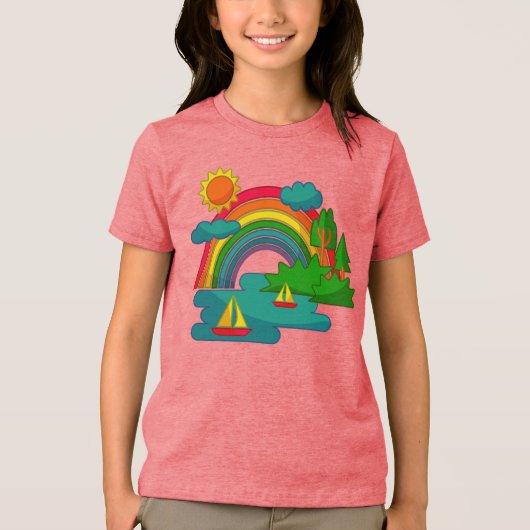 太陽の雲と虹の下のボートの旅行の風景 トライブレンドＴシャツ (正面)