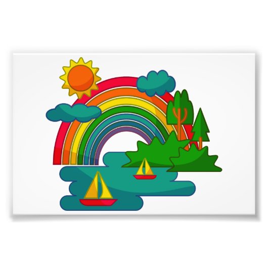 太陽の雲と虹の下のボートの旅行の風景 フォトプリント            (正面)